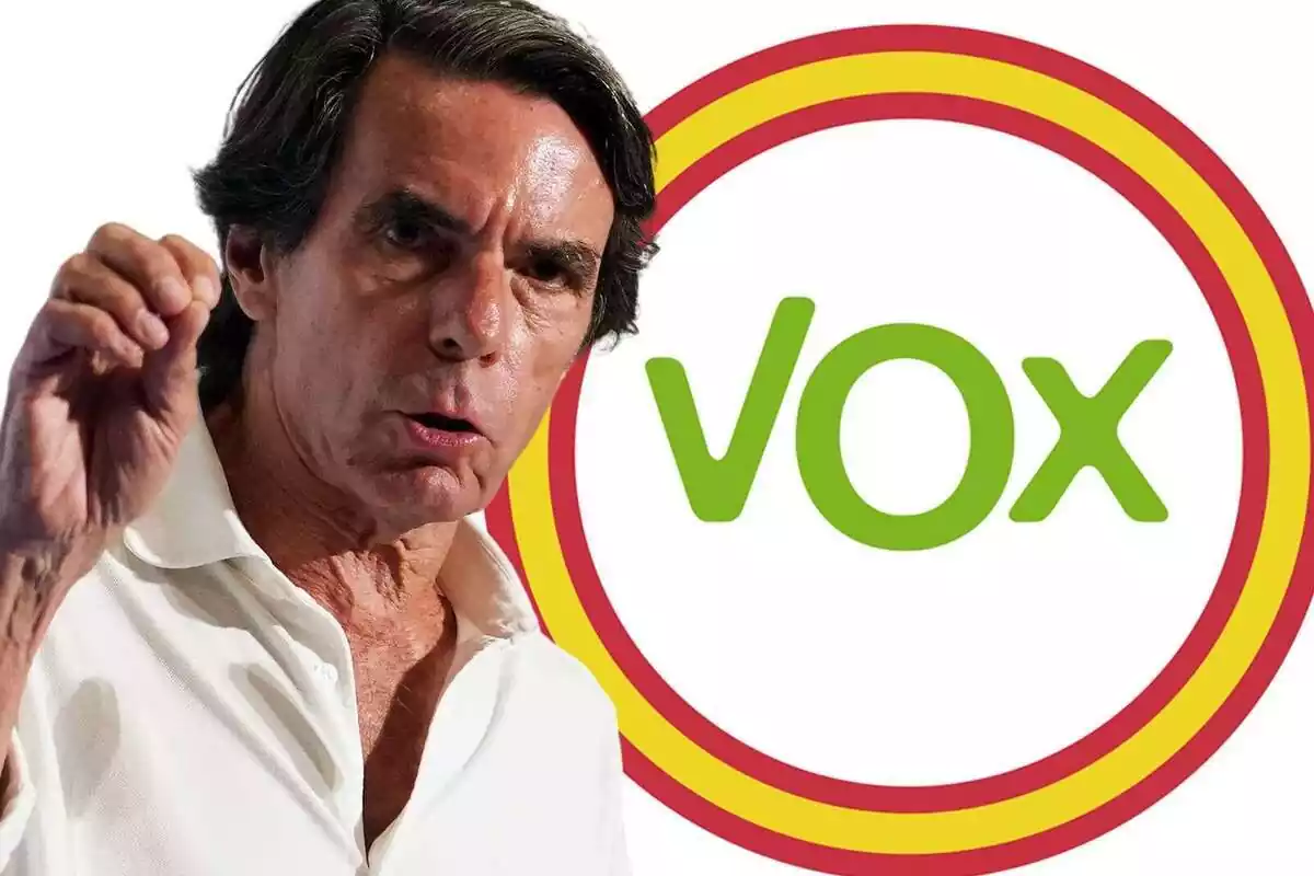 Montaje de fotos de José María Aznar con rostro serio y el logo de Vox al lado, rodeado de un círculo con los colores de la bandera de España