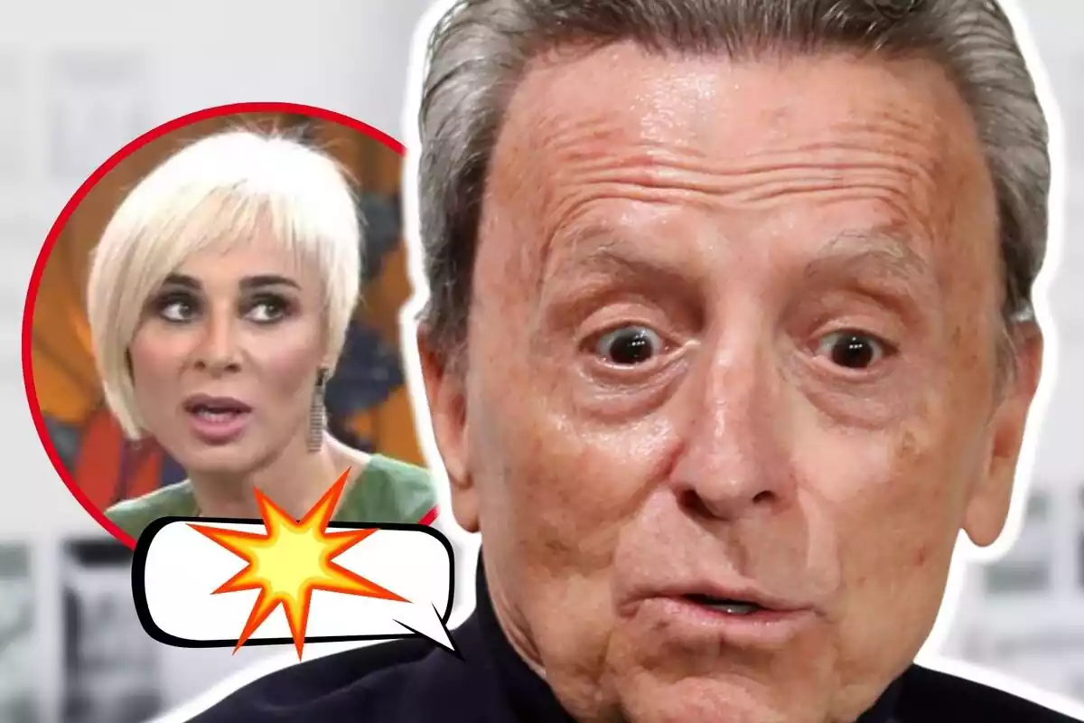 Montaje de fotos de primer plano de José Ortega Cano con rostro serio y, al lado, una imagen de Ana María Aldón también con rostro serio y un emoji de explosión