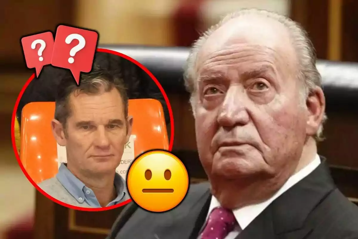 Montaje de fotos de primer plano de Iñaki Urdangarin y Juan Carlos I con expresiones serias, uno en un círculo rojo con signos de interrogación y el otro con un emoji neutral.