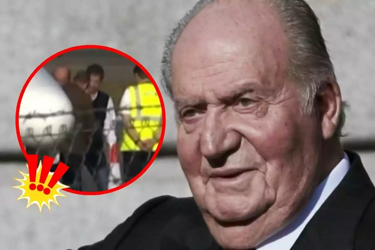 Juan Carlos I con traje oscuro aparece en primer plano, mientras que en un círculo rojo en la esquina superior izquierda se observa una escena en un aeropuerto con personas y un avión.