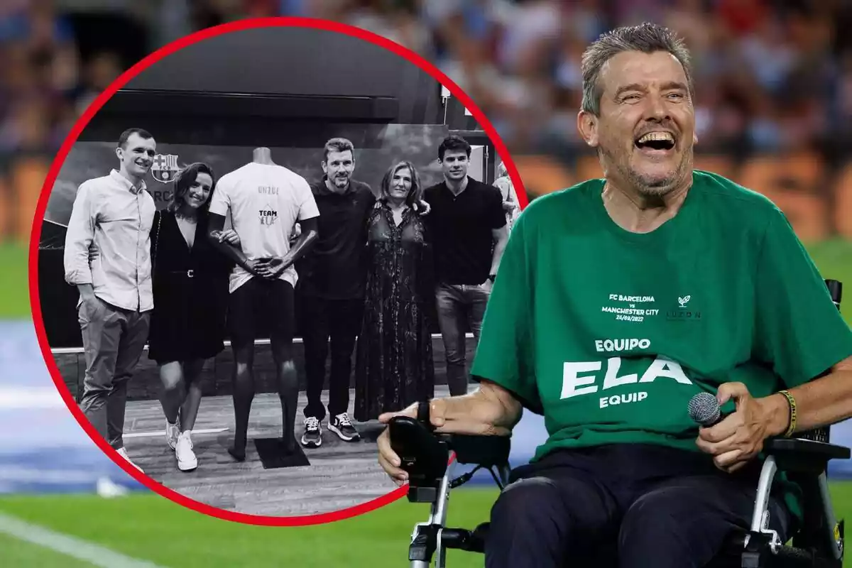 Montaje de fotos de Juan Carlos Unzué sentado en una silla de ruedas con rostro muy sonriente y, al lado, una imagen de él y su familia