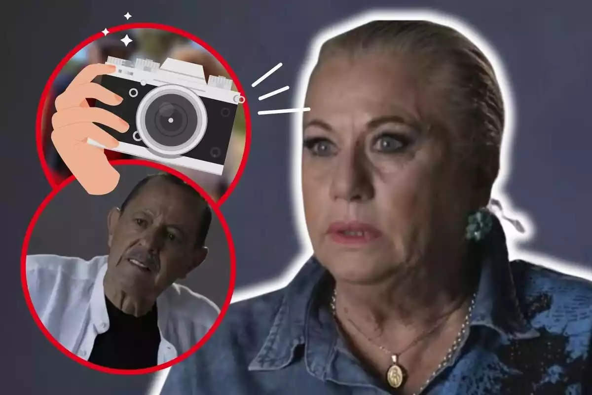 Montaje de fotos de primer plano de Mayte Zaldívar y Julián Muñoz, ambos con rostro serio, y al lado, un emoji de una cámara de fotos