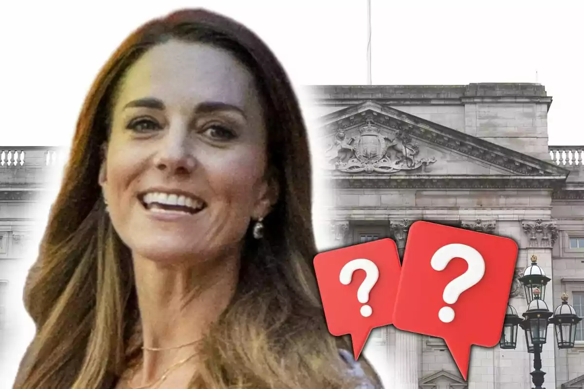 Kate Middleton con rostro sonriente frente a un plano general del Palacio de Buckingham.