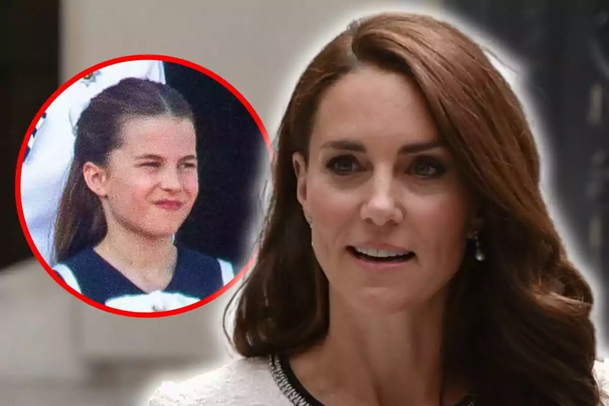 Montaje de fotos en el que Kate Middleton aparece en primer plano, mientras que en un círculo rojo a la izquierda se muestra a su hija Charlotte con el cabello recogido.