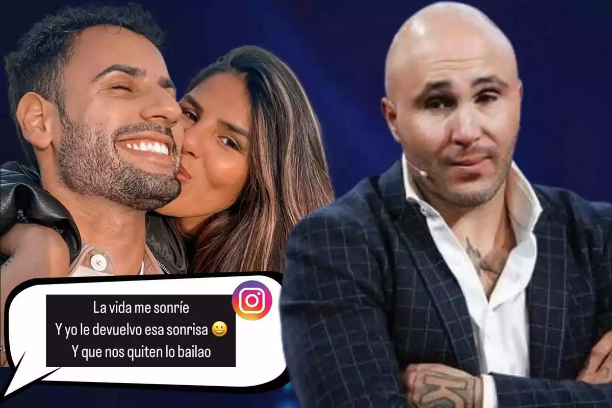 Montaje de fotos de Kiko Rivera, Isa Pantoja y Asraf Beno, todos sonrientes, y al lado un mensaje que ha publicado Rivera en su perfil de Instagram