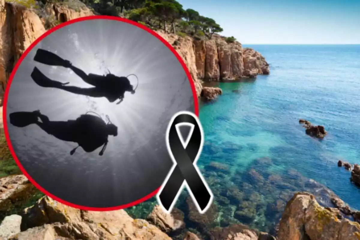 Montaje de fotos de plano general de la Costa Brava y, al lado, una imagen de recurso de dos submarinistas