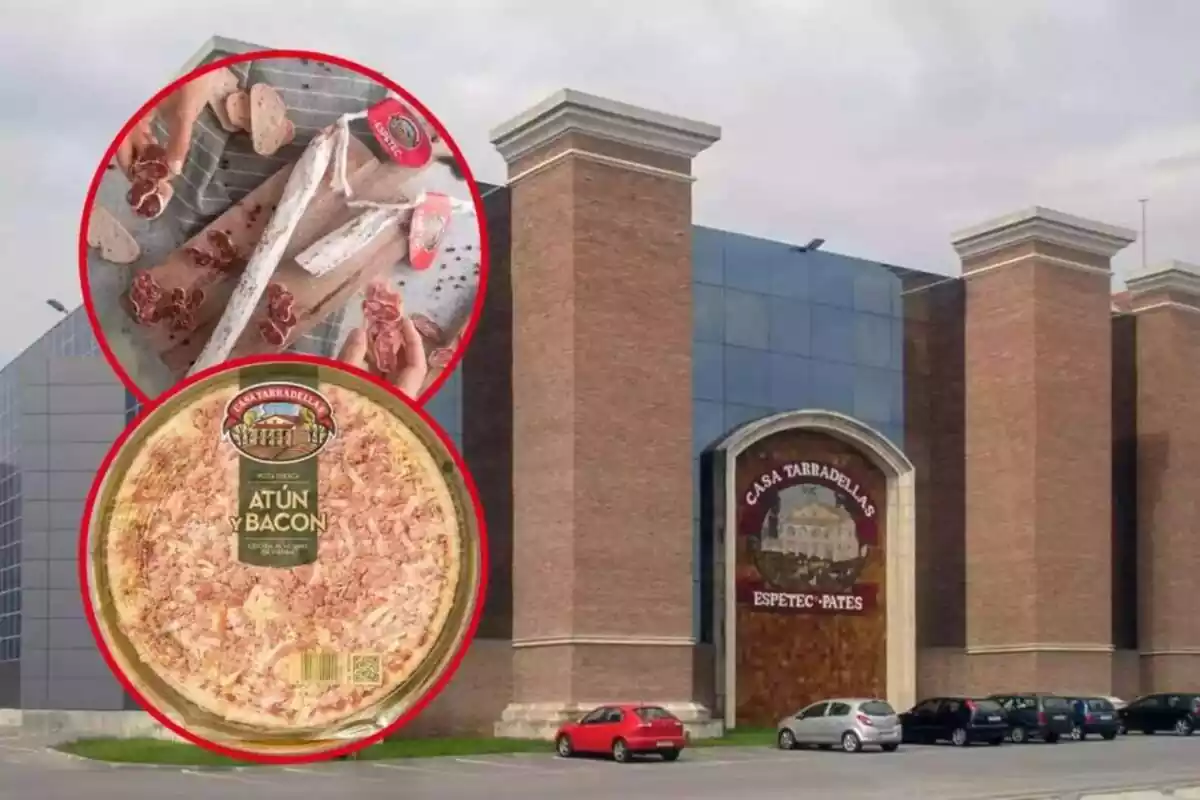 Montaje de fotos de la fábrica de Casa Tarradellas y, al lado, la imagen de dos de sus productos: el fuet y una pizza de atún y bacon