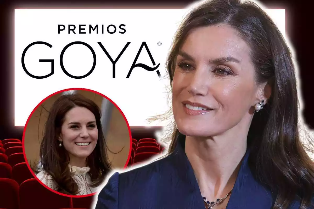 Montaje de fotos de primer plano de Letizia Ortiz y Kate Middleton sonrientes y, de fondo, un cine con el logo de los Premios Goya