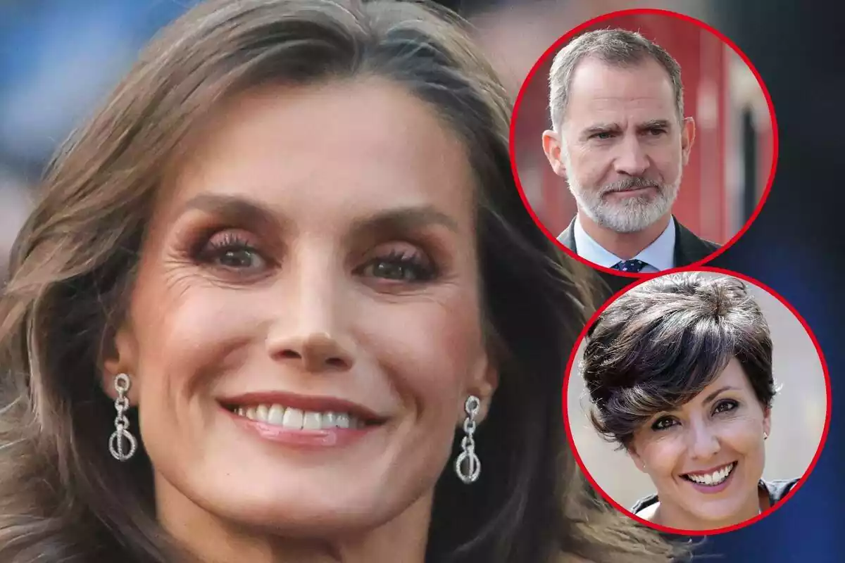 Montaje de fotos de la Reina Letizia, Sonsoles Ónega y el Rey Felipe, todos sonrientes en un primer plano