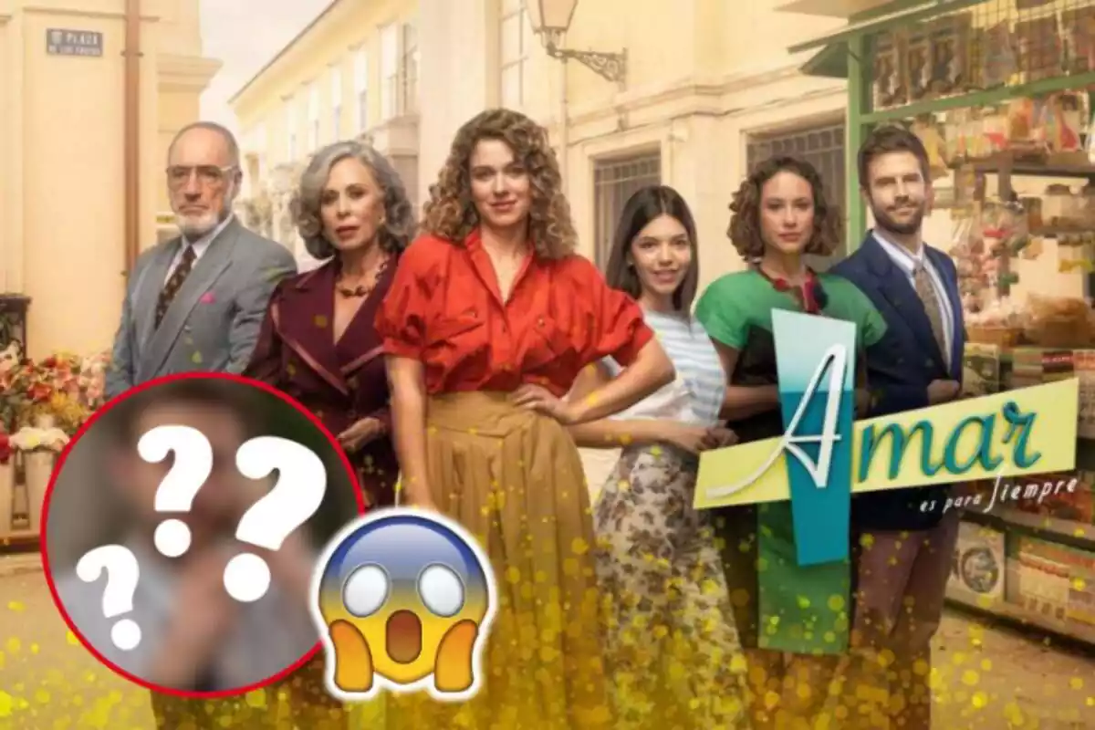 Montaje de fotos del cartel promocional de la serie 'Amar es para Siempre' con un circulito difuminado con interrogantes y un emoji de sorpresa