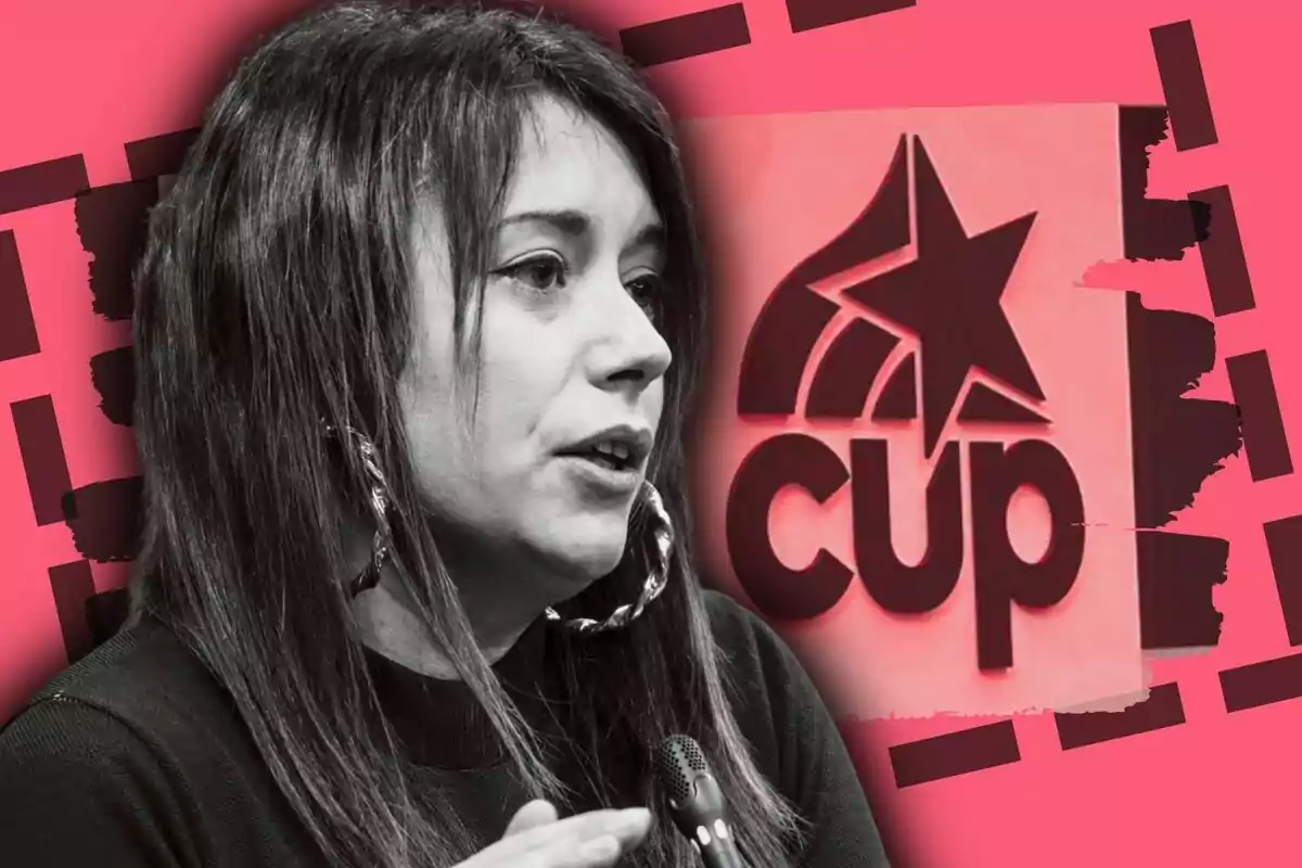 Montaje de fotos de Laure Vega hablando frente a un micrófono con el logotipo de la CUP de fondo sobre un diseño en tonos rosados.