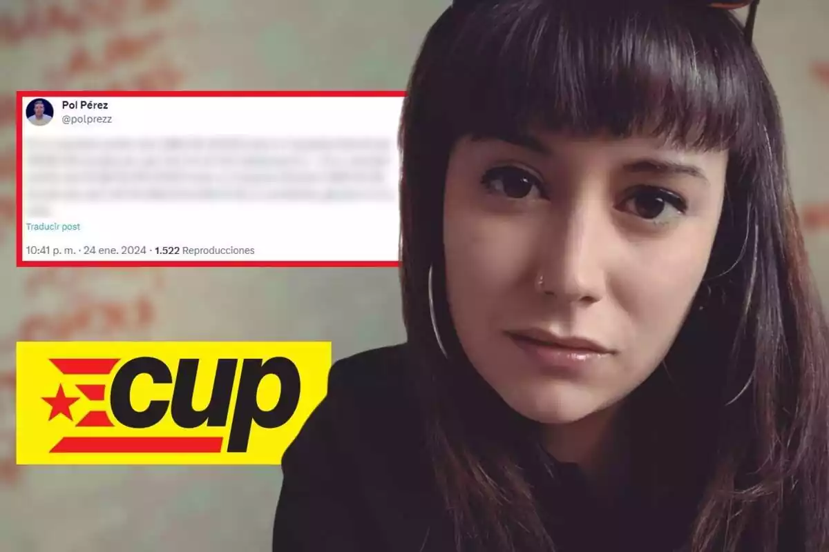 Montaje de fotos de primer plano de la diputada de la CUP Laure Vega con rostro serio y, al lado, la captura de un tweet con el contenido borroso y el logo de la CUP