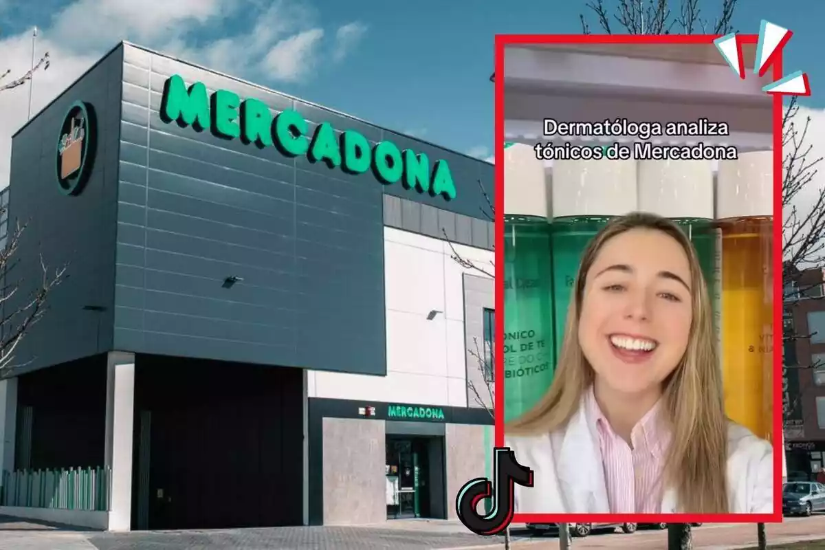 Montaje de fotos de una tienda Mercadona y, al lado, una imagen de Leire Barrutia comentando cómo son dos tónicos del mencionado supermercado