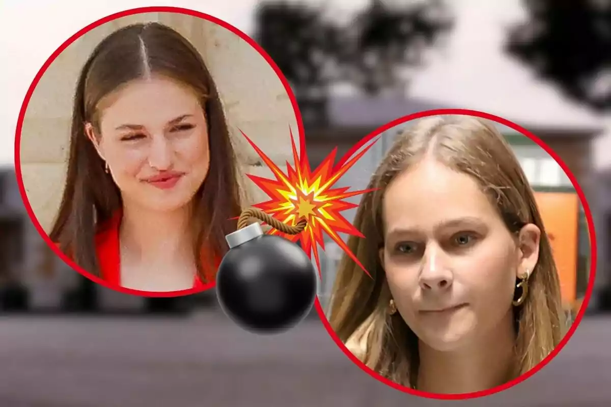 Primer plano de Leonor de Borbón e Irene Urdangarin con rostro serio en círculos rojos con una ilustración de bomba explotando entre ellas.