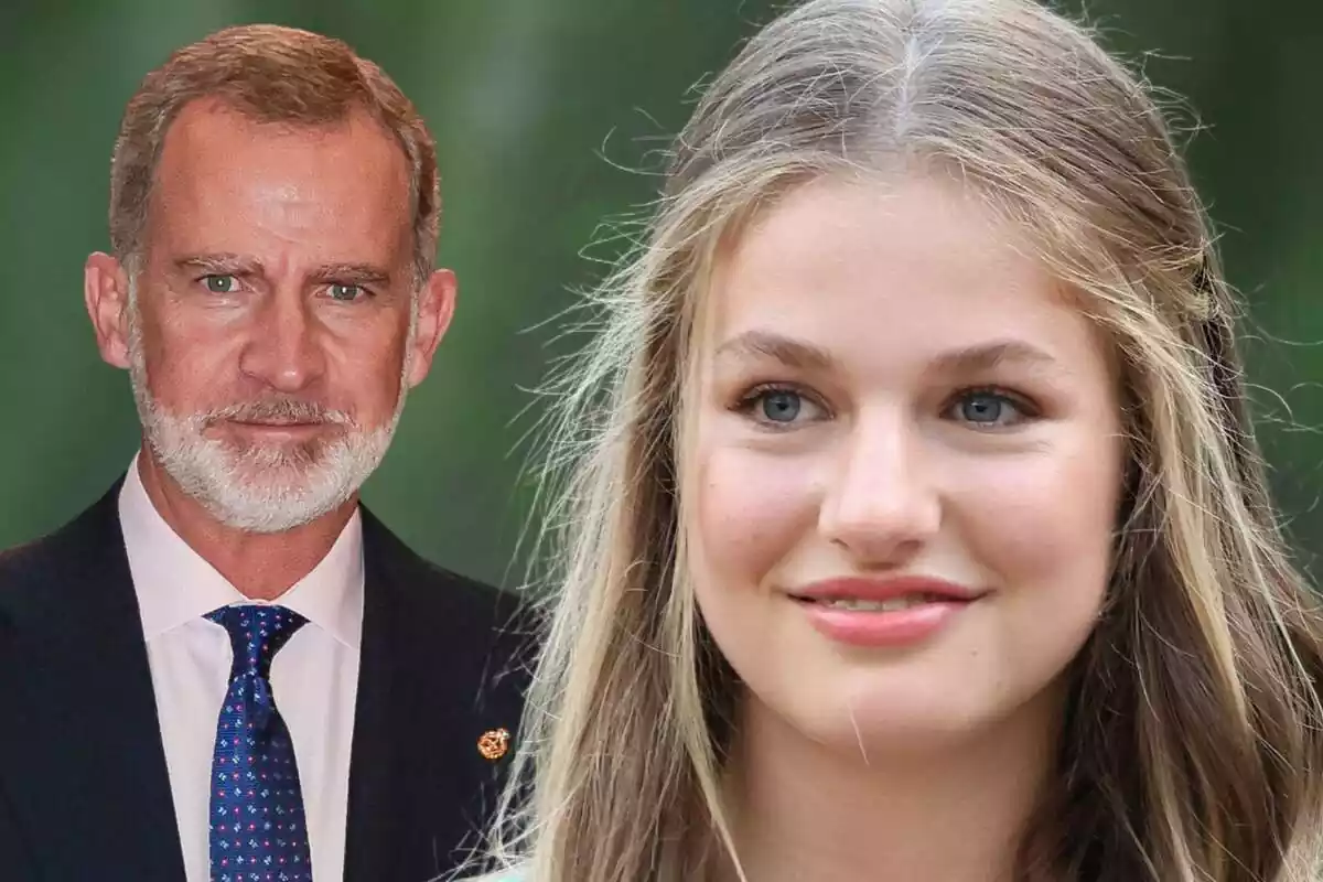 Montaje de fotos de primer plano de la princesa Leonor y, al lado, su padre el Rey Felipe ambos con rostro sonriente