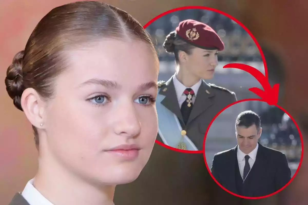 Montaje de fotos de primer plano de la princesa Leonor de Borbón, con rostro serio, y al lado, una imagen de ella mirando al presidente del Gobierno, Pedro Sánchez, y una imagen de él con el rostro sonriente pero cabizbajo; todas las imágenes tomadas durante el evento de la Pascua Militar 2024