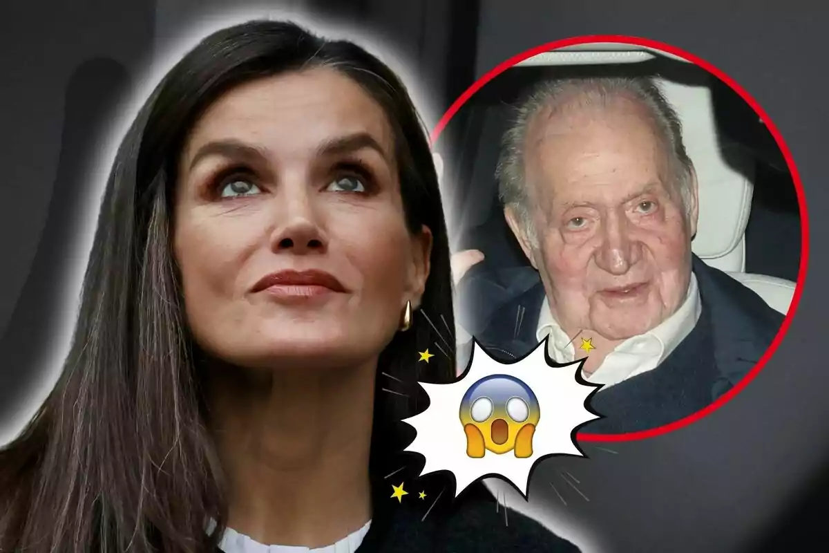 Primer plano de Letizia Ortiz mirando hacia arriba con una expresión seria y Juan Carlos I en un círculo rojo con un emoji de sorpresa en primer plano.