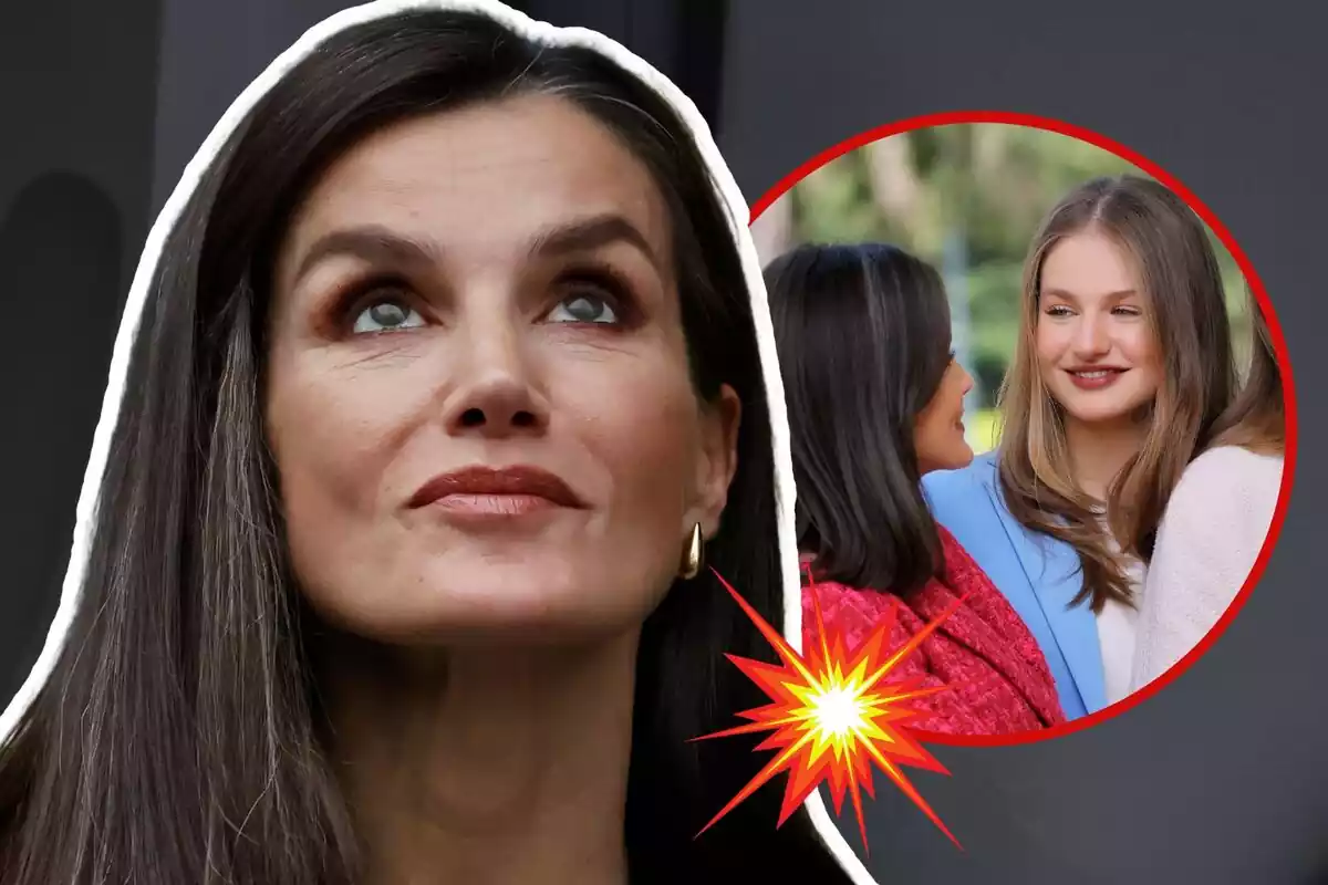 Montaje de fotos de primer plano de la reina Letizia con rostro serio y, al lado, una imagen de ella mirando a la princesa Leonor de Borbón