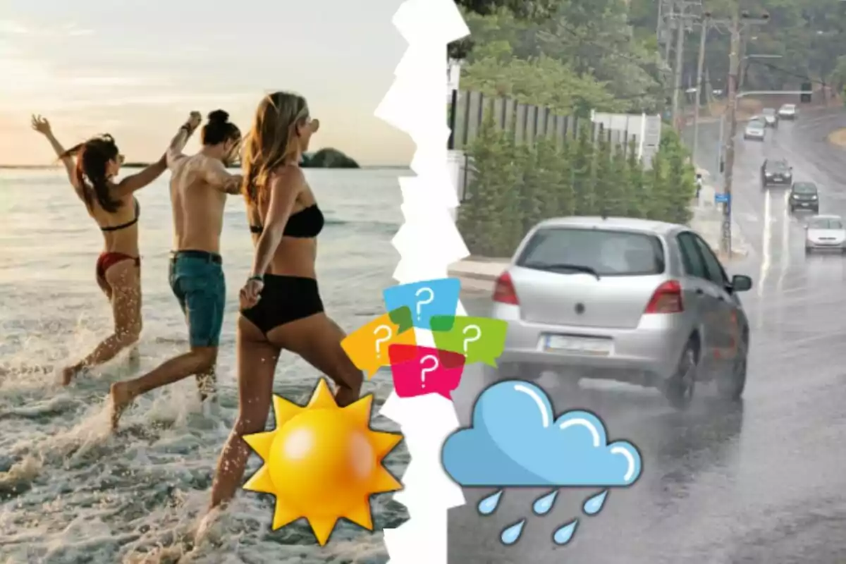 Montaje de fotos de tres personas entrando a la playa y, al lado, un coche circuando con lluvia; enfrente dos emojis de sol y lluvia con interrogantes