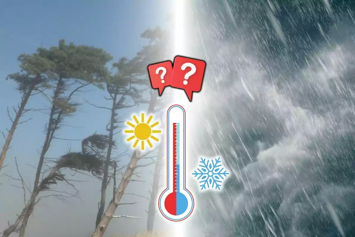 La imagen muestra un contraste entre dos climas, con árboles inclinados por el viento a la izquierda y una tormenta de nieve a la derecha, acompañados de iconos de sol, copo de nieve y un termómetro en el centro.