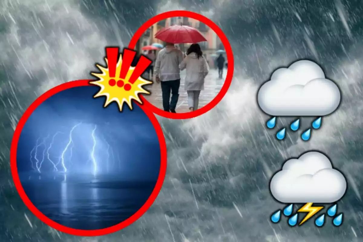 Una imagen que muestra una tormenta con relámpagos y lluvia intensa, dos personas caminando bajo un paraguas rojo y emojis de nubes con lluvia y tormenta. Una imagen que muestra una tormenta con relámpagos y lluvia intensa, dos personas caminando bajo un paraguas rojo y emojis de nubes con lluvia y tormenta.