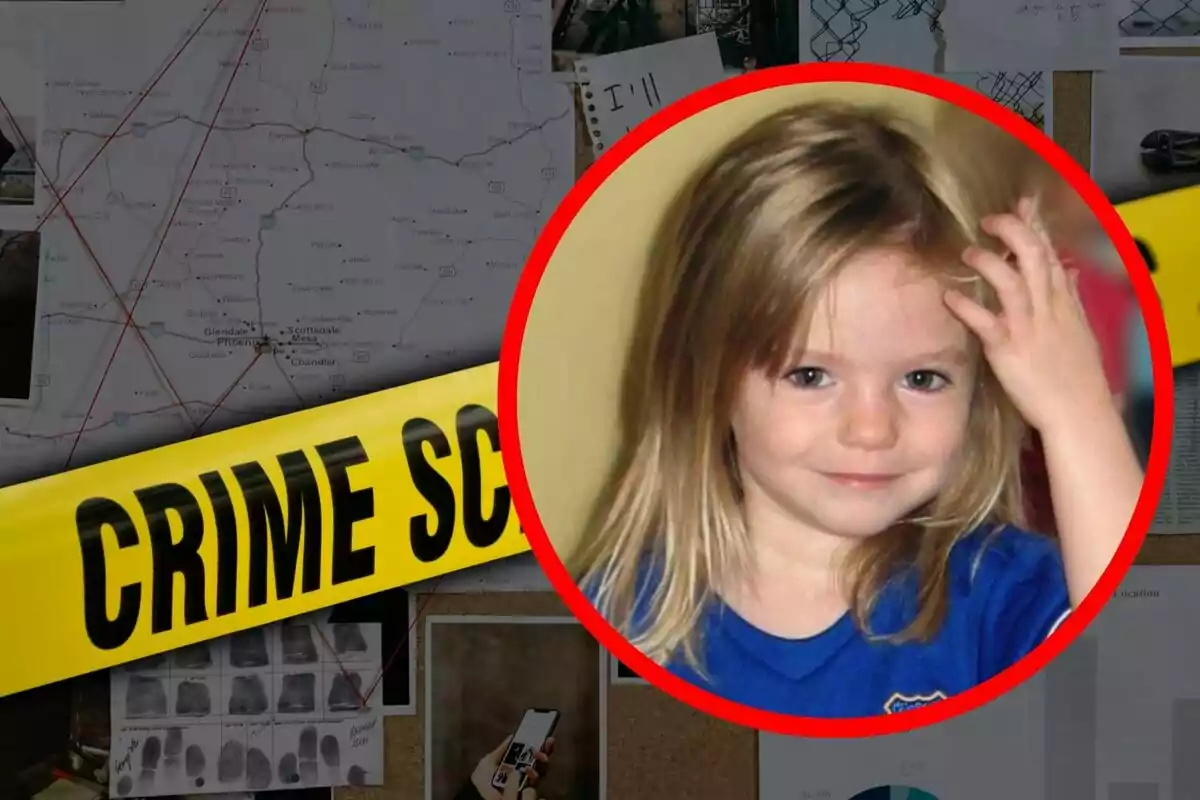 Una imagen muestra una cinta de escena del crimen amarilla con la inscripción "CRIME SCENE" sobre un fondo de mapas y notas conectadas con hilos rojos, en el centro hay un círculo rojo que enmarca la foto de Madeleine McCann.