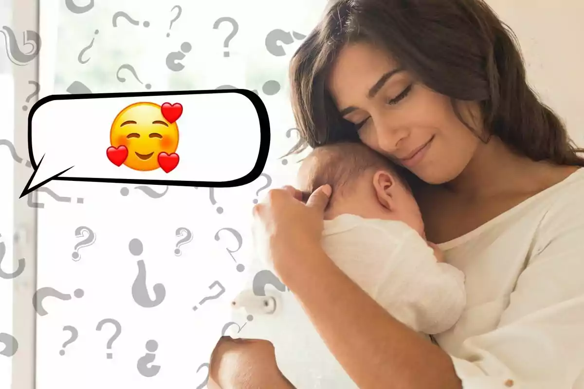 Montaje de fotos de una mujer abrazando a un bebé y, al lado, un emoji de cara con corazones