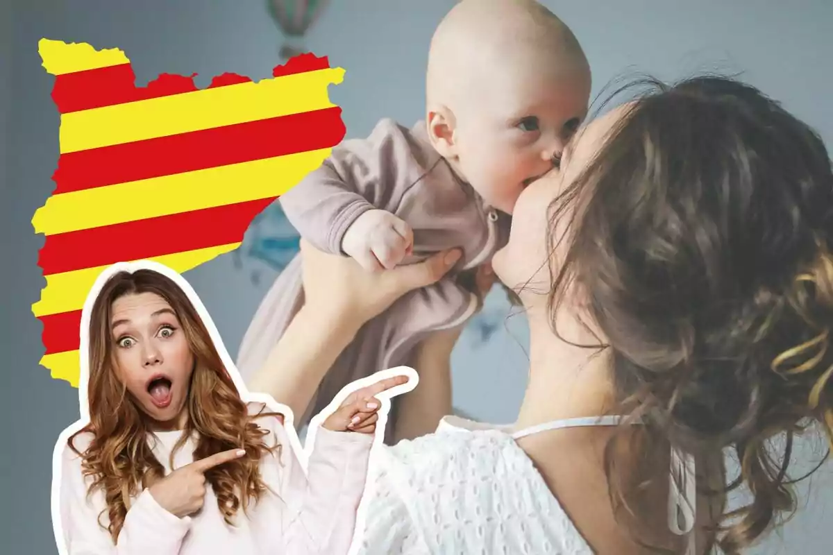 Montaje de fotos de una persona sorprendida y, de fondo, una madre dándole un beso a su hijo bebé