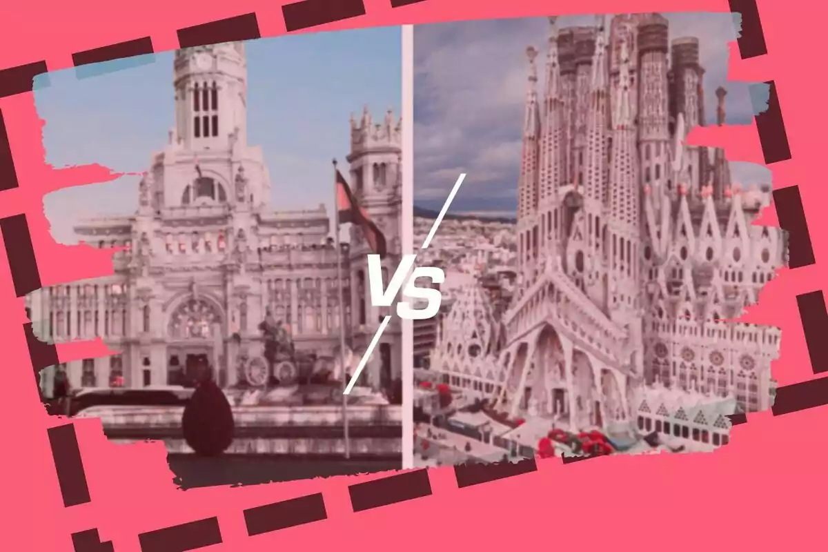 Comparación visual de dos edificios emblemáticos de Madrid y Barcelona en un diseño gráfico con fondo rosa y texto "VS" en el centro.