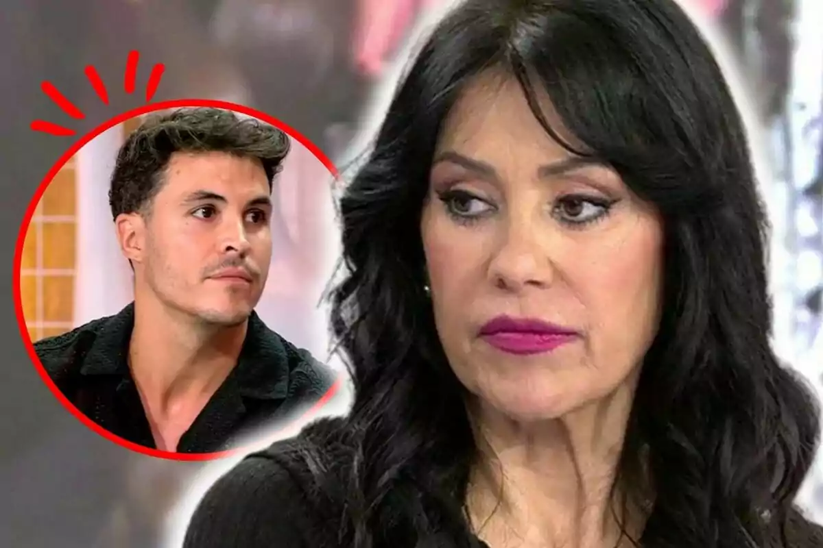 Maite Galdeano con cabello oscuro y expresión seria aparece en primer plano, mientras que en un círculo rojo a la izquierda se muestra a Kiko Jiménez con expresión pensativa.