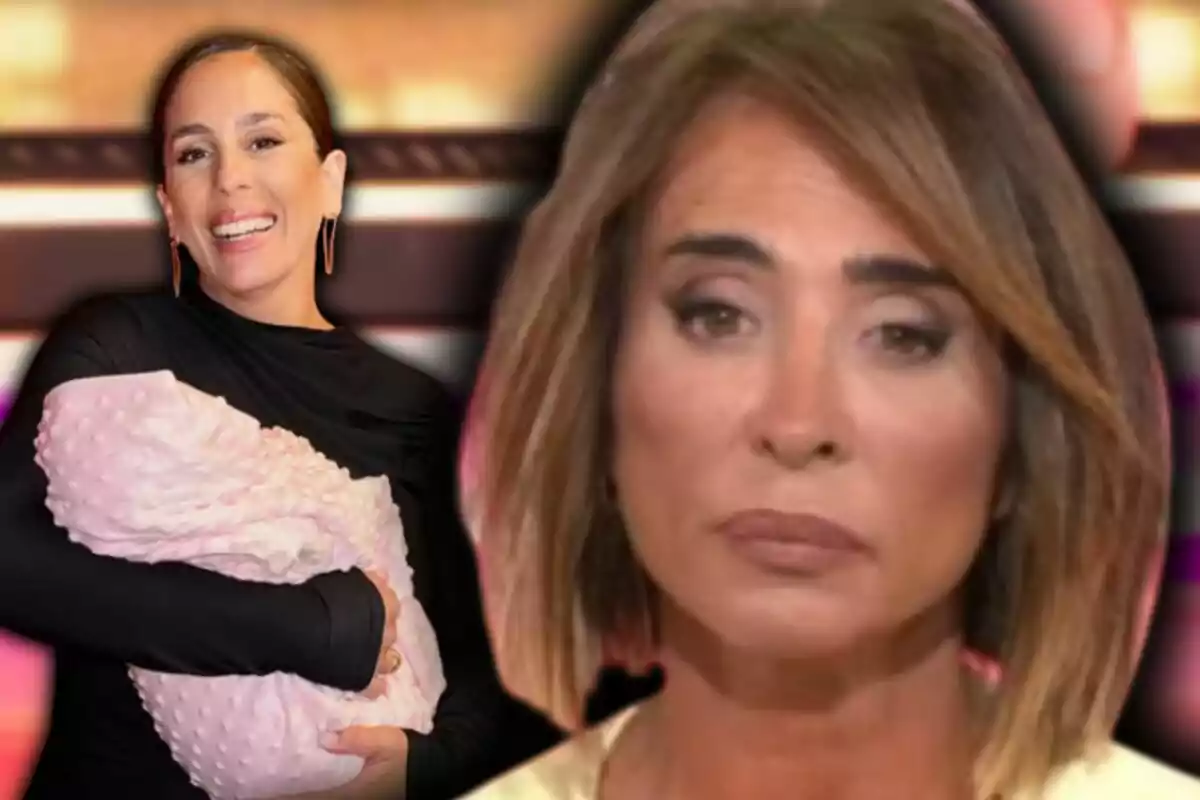Montaje de fotos de Anabel Pantoja sonriente mientras sostiene a su hija Alma envuelta en una manta rosa mientras María Patiño aparece en primer plano con una expresión seria. Montaje de fotos de Anabel Pantoja sonriente mientras sostiene a su hija Alma envuelta en una manta rosa mientras María Patiño aparece en primer plano con una expresión seria.