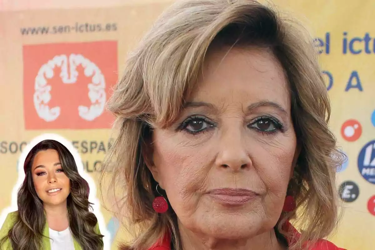 Montaje de fotos de primer plano de María Teresa Campos, con rostro serio, y la periodista Marina Esnal al lado