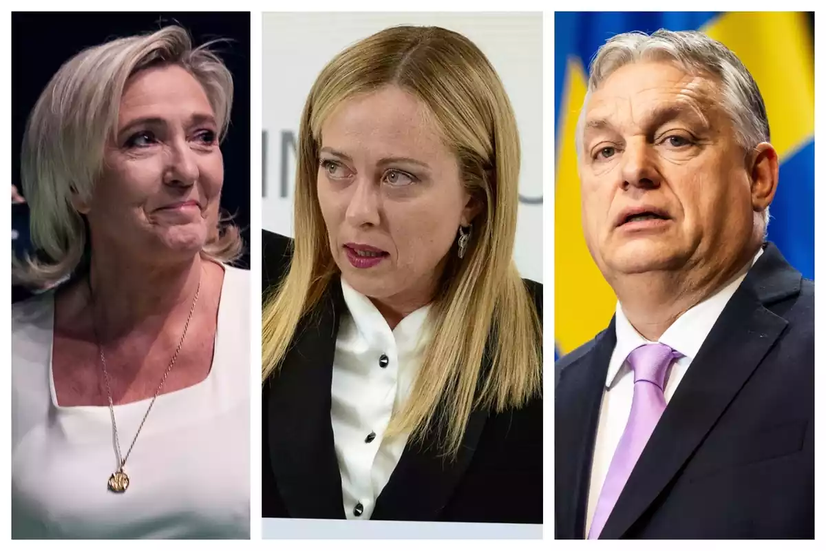 Montaje de fotos de Marine Le Pen, Víktor Orban y Georgia Meloni, los tres con rostro serio