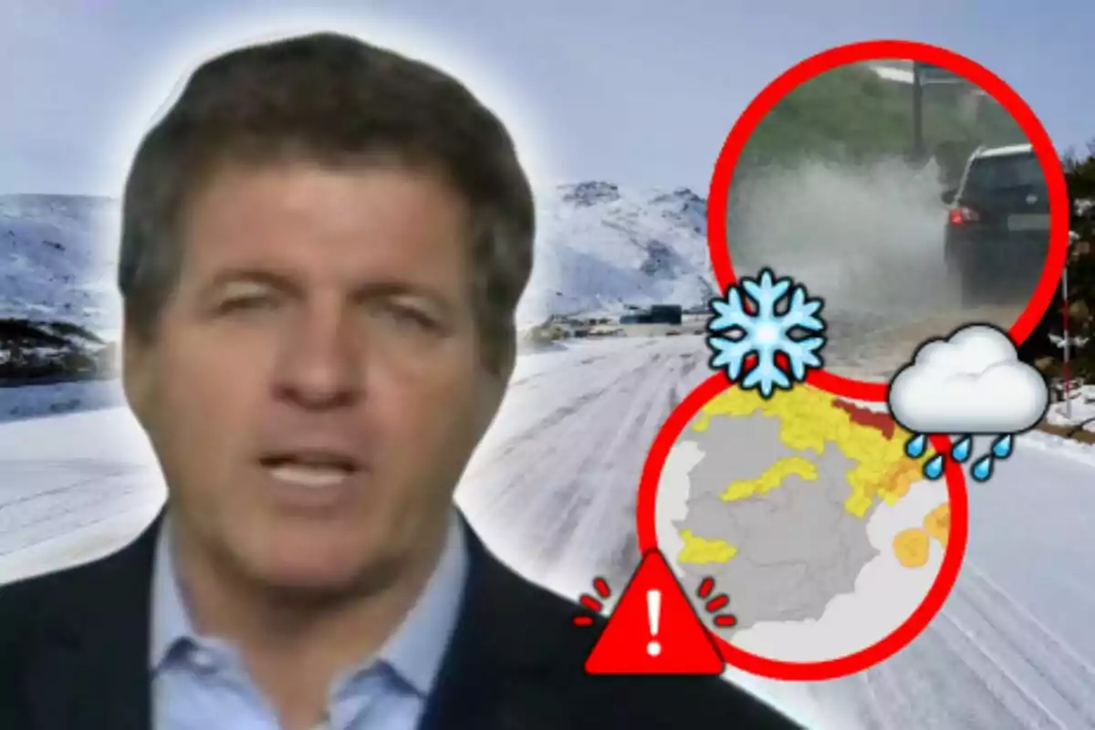 Mario Picazo hablando frente a un fondo nevado con iconos de advertencia del tiempo por un temporal invernal y un mapa.