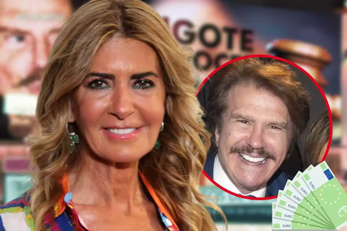 Montaje de fotos de primer plano de Marisa Martín-Blázquez y Edmundo Arrocet, ambos con rostro sonriente, y el plató del programa de Telecinco 'TardeAR' de fondo