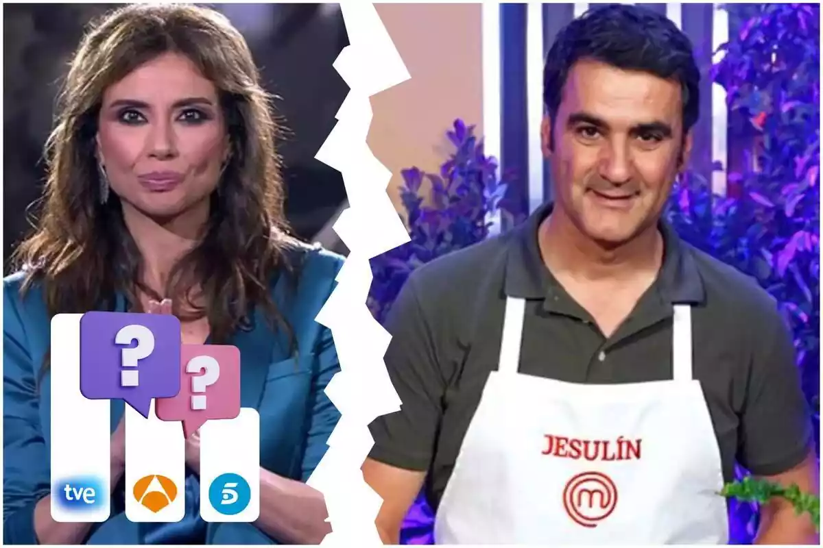 Montaje de fotos de Jesulín de Ubrique en 'MasterChef Celebrity' y Marta Flich presentando 'GH Vip' con unos porcentajes con interrogantes al lado