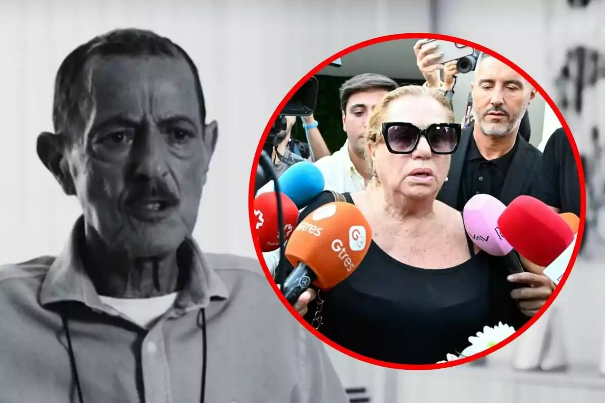 Julián Muñoz aparece en una imagen en blanco y negro, mientras que en un recuadro rojo a la derecha se ve a Mayte Zaldívar con gafas de sol rodeada de micrófonos y periodistas.