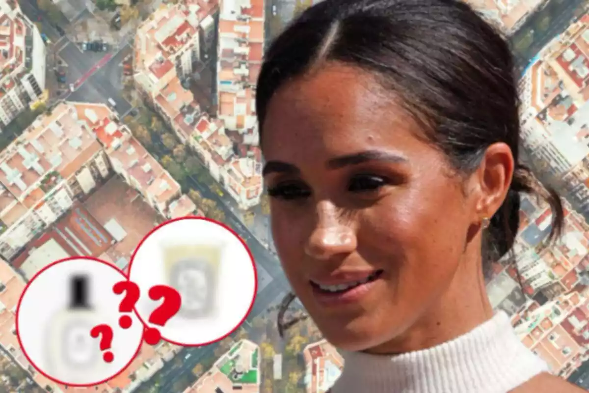 Montaje de fotos de primer plano de Meghan Markle sonriente y, de fondo, un plano general de Barcelona; al lado, la imagen de dos productos de Diptyque borrosos y con interrogantes