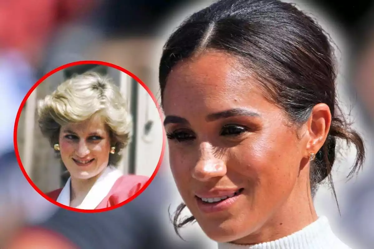 Montaje de fotos de primer plano de Meghan Markle con el pelo recogido, con una imagen circular de Lady Di en el fondo.