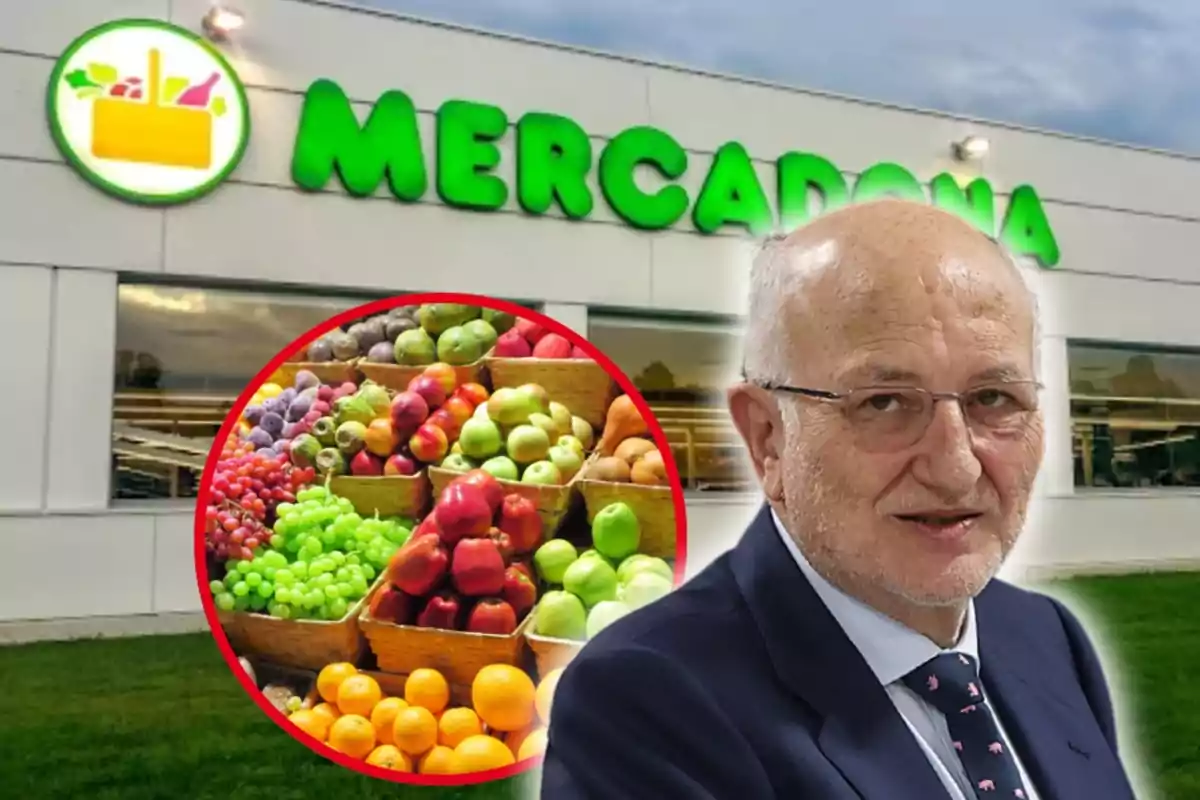 Imagen de la fachada de un supermercado Mercadona con Juan Roig en primer plano y una variedad de frutas y verduras en un círculo rojo.