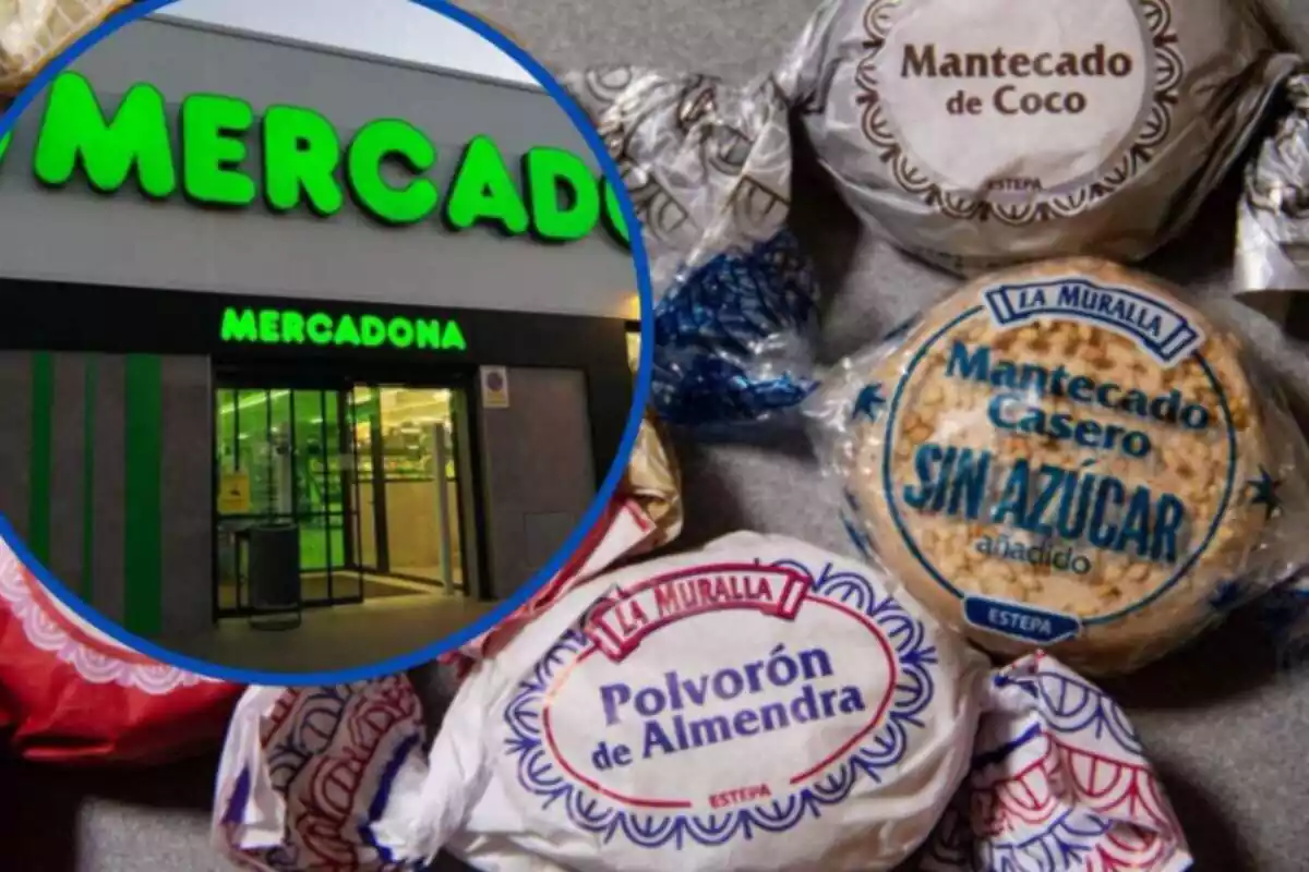 Montaje de una foto de polvorones de Mercadona y, al lado, en el interior de un círculo, una imagen de la fachada de una tienda de Mercadona