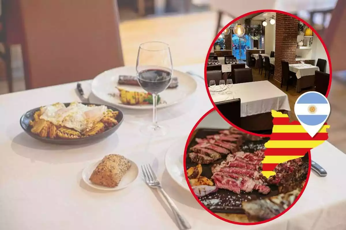 Montaje de fotos de una imagen de una mesa del restaurante 9Reinas de Barcelona y, al lado, imágenes del interior de su establecimiento y de uno de sus platos con la silueta de Cataluña y la bandera de Argentina