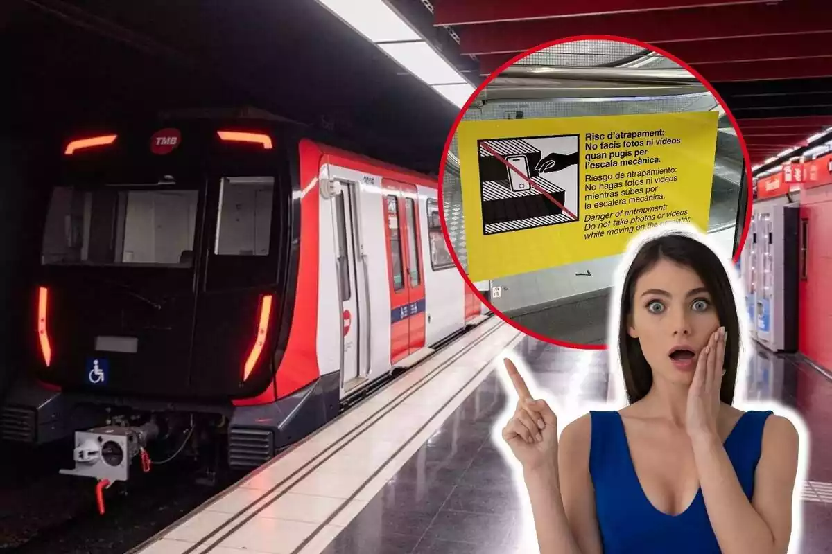 Montaje de fotos de un vagón del metro de Barcelona y, al lado, la imagen de un cartel y una mujer con rostro de sorpresa