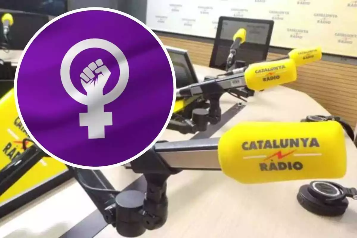 Montaje de fotos de Catalunya Radio con la bandera feminista al lado
