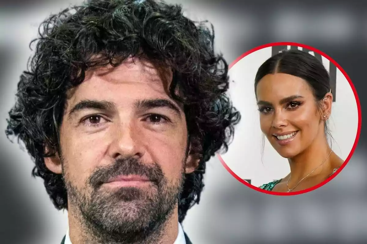 Primer plano de Miguel Ángel Muñoz con barba y cabello rizado, con una imagen circular de Cristina Pedroche sonriendo en la esquina superior derecha.