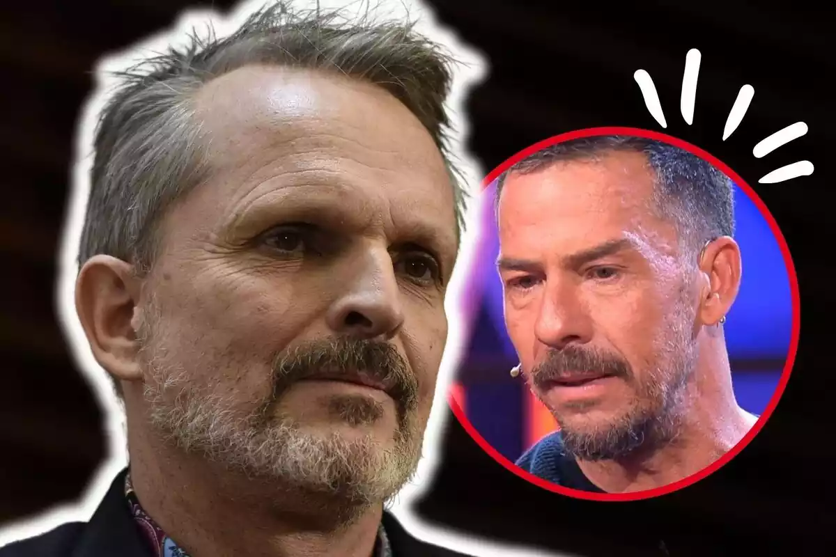 Montaje de fotos de primer plano de Miguel Bosé y Nacho Palau, ambos con rostro serio