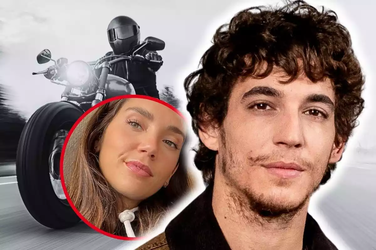 Montaje de fotos de primer plano de Celia Pedraza y Miguel Herrán con rostro serio y, de fondo, la imagen de una moto