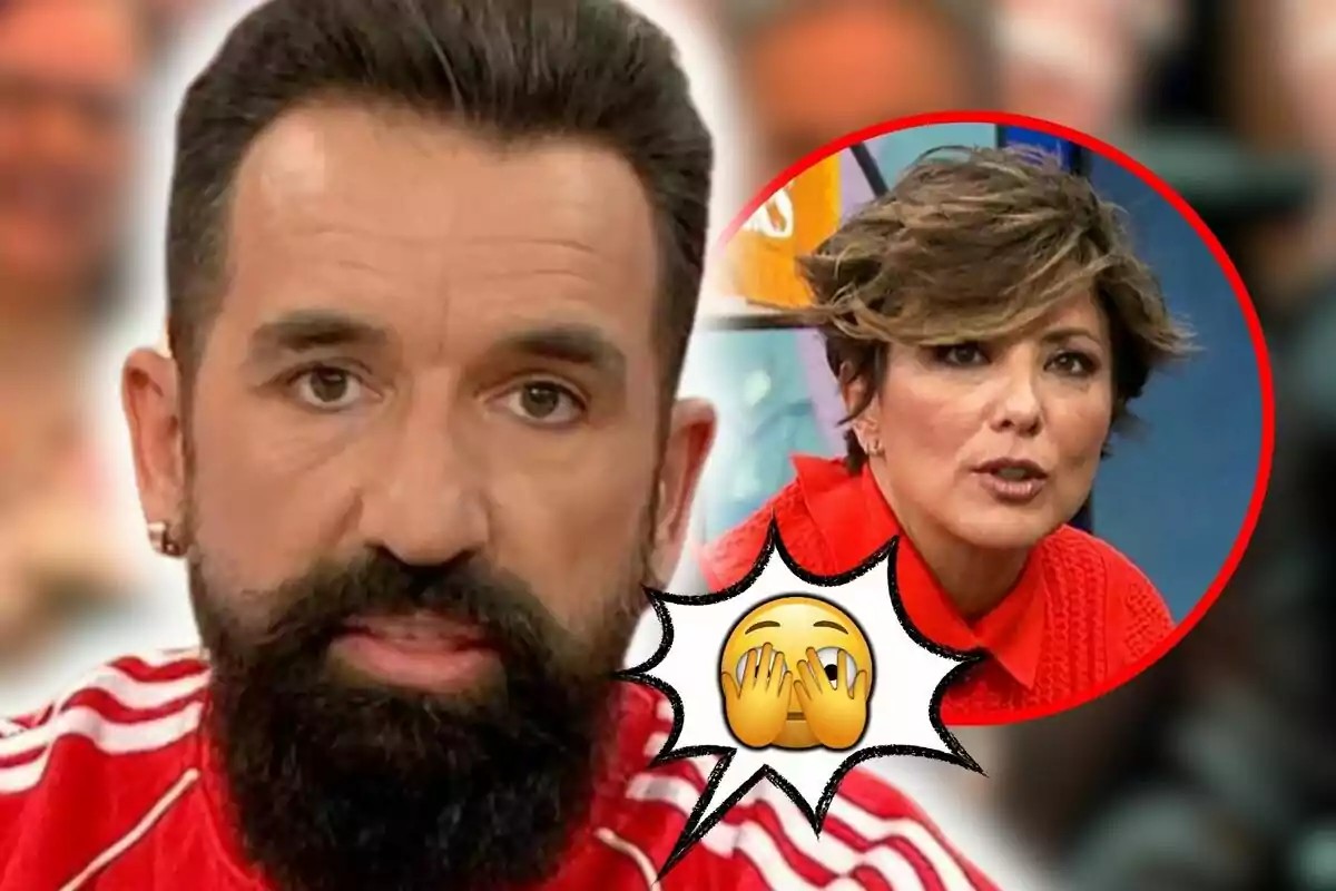 Miguel Lago con barba y camiseta roja aparece en primer plano, mientras que en un círculo rojo a la derecha se ve a Sonsoles Ónega con cabello corto y expresión seria, acompañada de un emoji de cara con manos cubriendo los ojos.