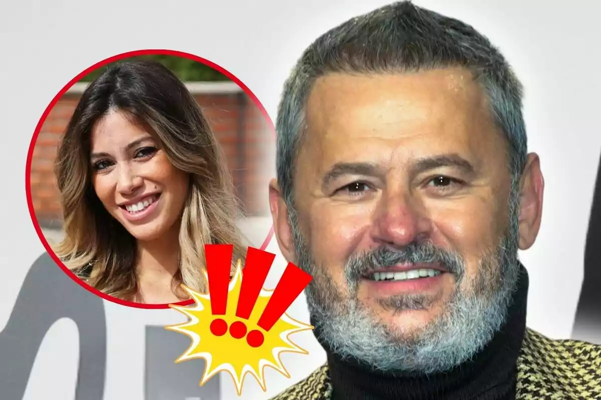 Miki Nadal con barba sonríe mientras una imagen circular de Helena Aldea sonriente aparece en la esquina superior izquierda con un gráfico de exclamación en rojo y amarillo.