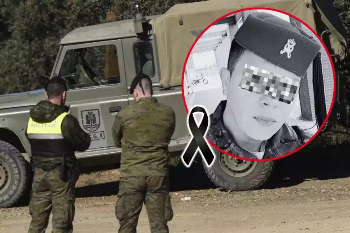 Montaje de fotos de Billye Germán con el rostro pixelado y, de fondo, la imagen de dos militares de espaldas